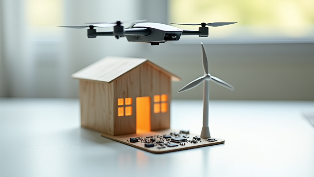 Vue aérienne d'un drone inspectant des lignes à haute tension dans un environnement industriel