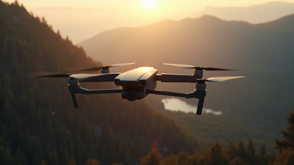 Drone DJI Mavic 3 Pro en vol avec ses trois objectifs visibles dans un paysage montagneux