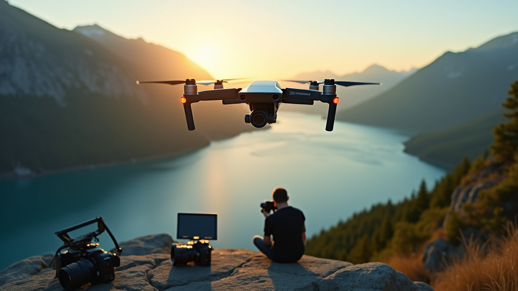 Drone DJI Mavic 3 Pro en vol avec ses trois objectifs visibles dans un paysage montagneux