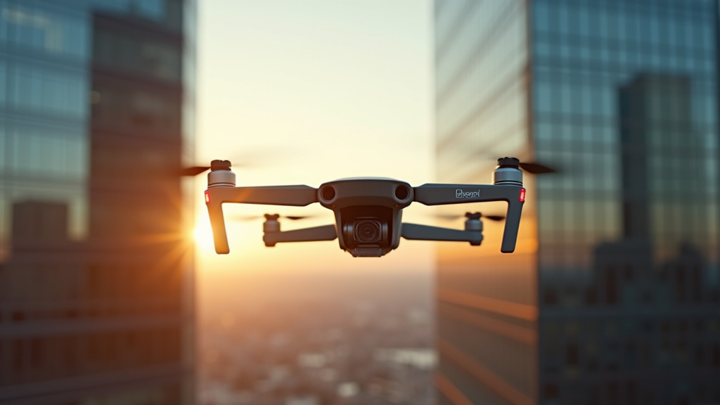 Drone professionnel survolant un site industriel pour une mission de photographie aérienne